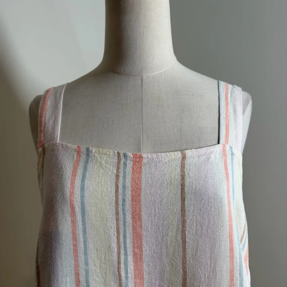 Bobi LA Square Neck Tiered -SZ M- Cream Multicolored Striped Linen Rayon Dress